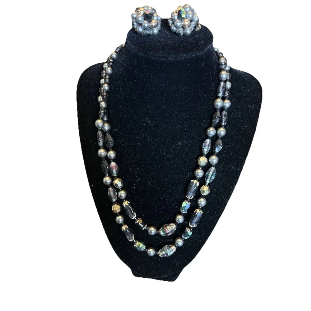 Vintage Multi Strand Necklace Clip On Earrings Set Japan